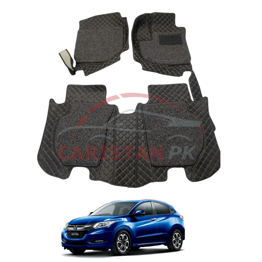 Honda Vezel 9D Premium Floor Mats Black With Beige Stitch