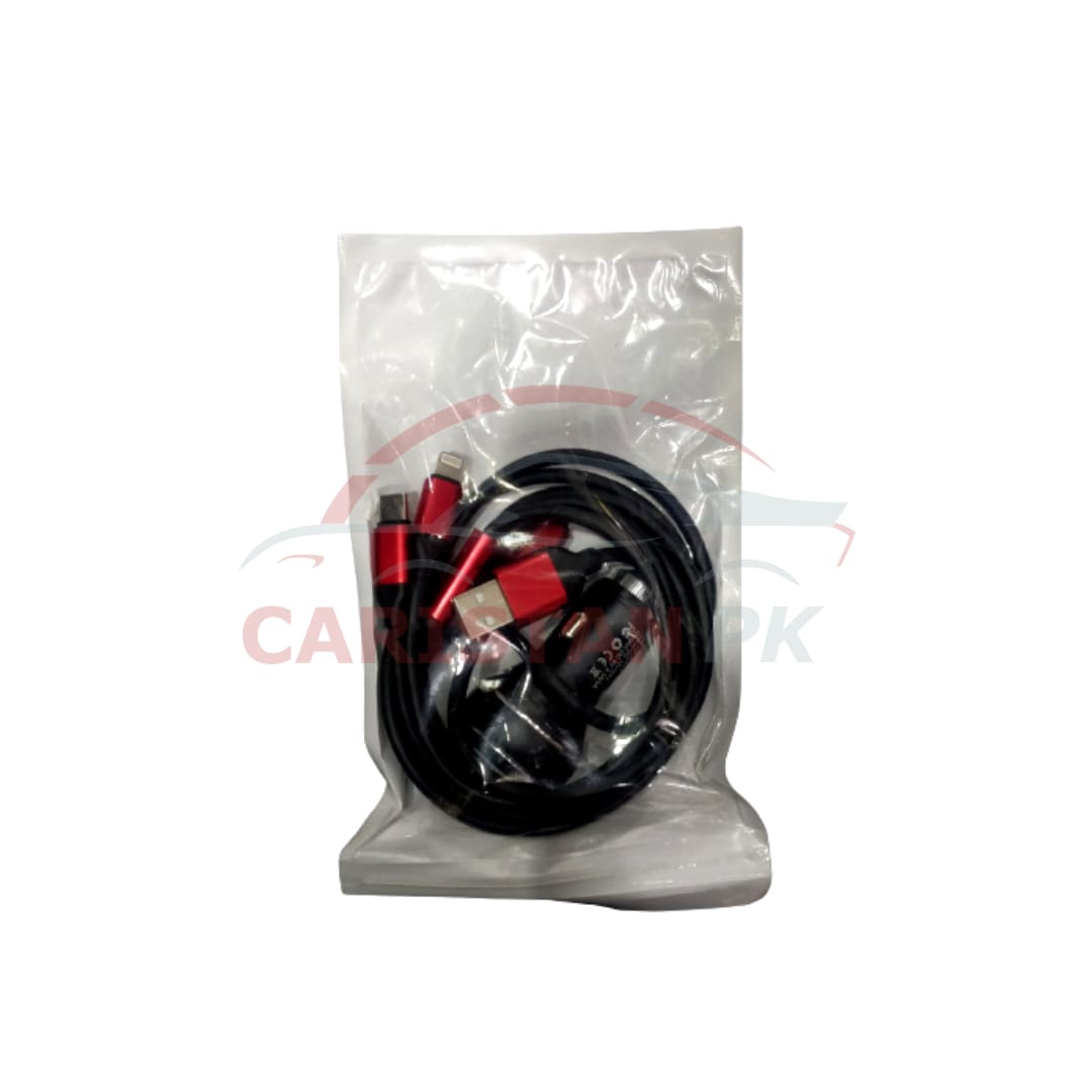 Car Mobile Fast Charger With 3 in 1 With USB Data Cable Black
