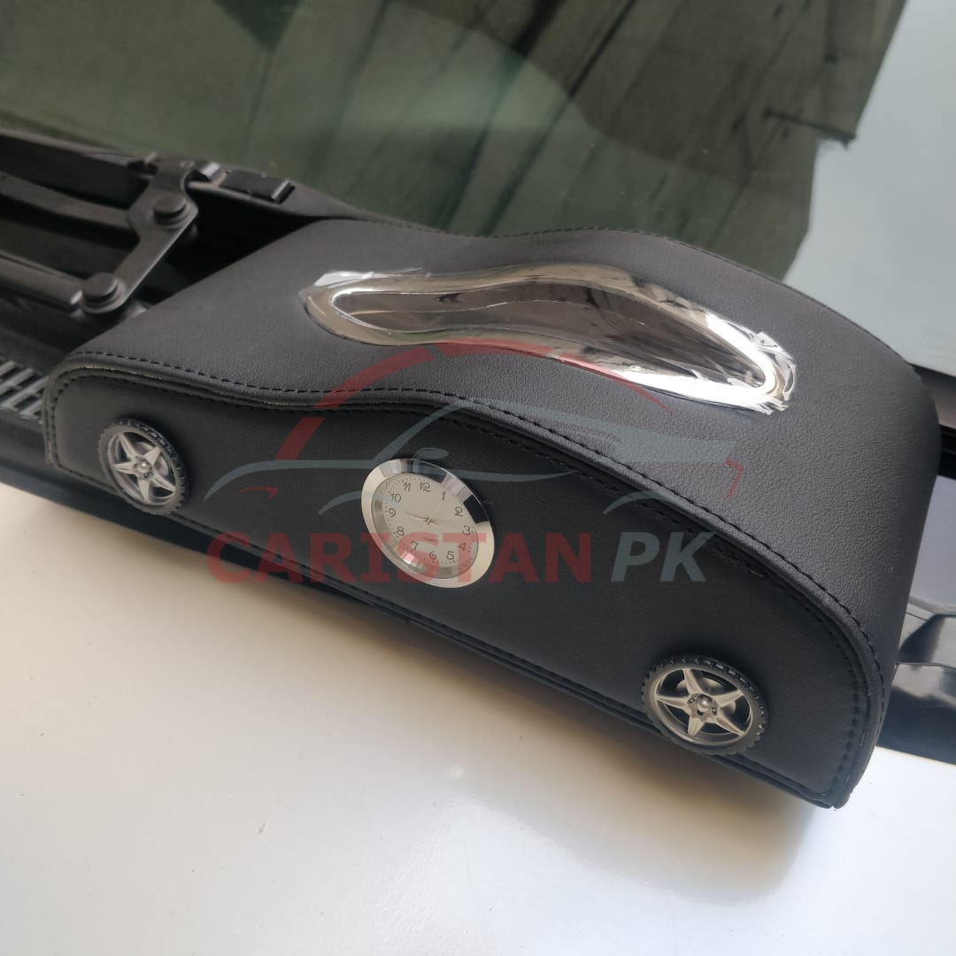 Premium Car Style Leather Tissue Box Black With Watch